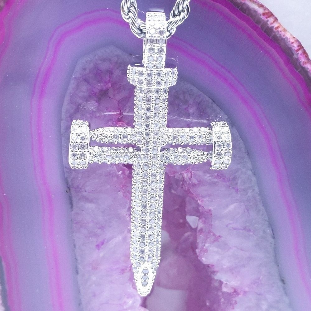 Icy Nailed Cross Pendant + 20" Rope Chain